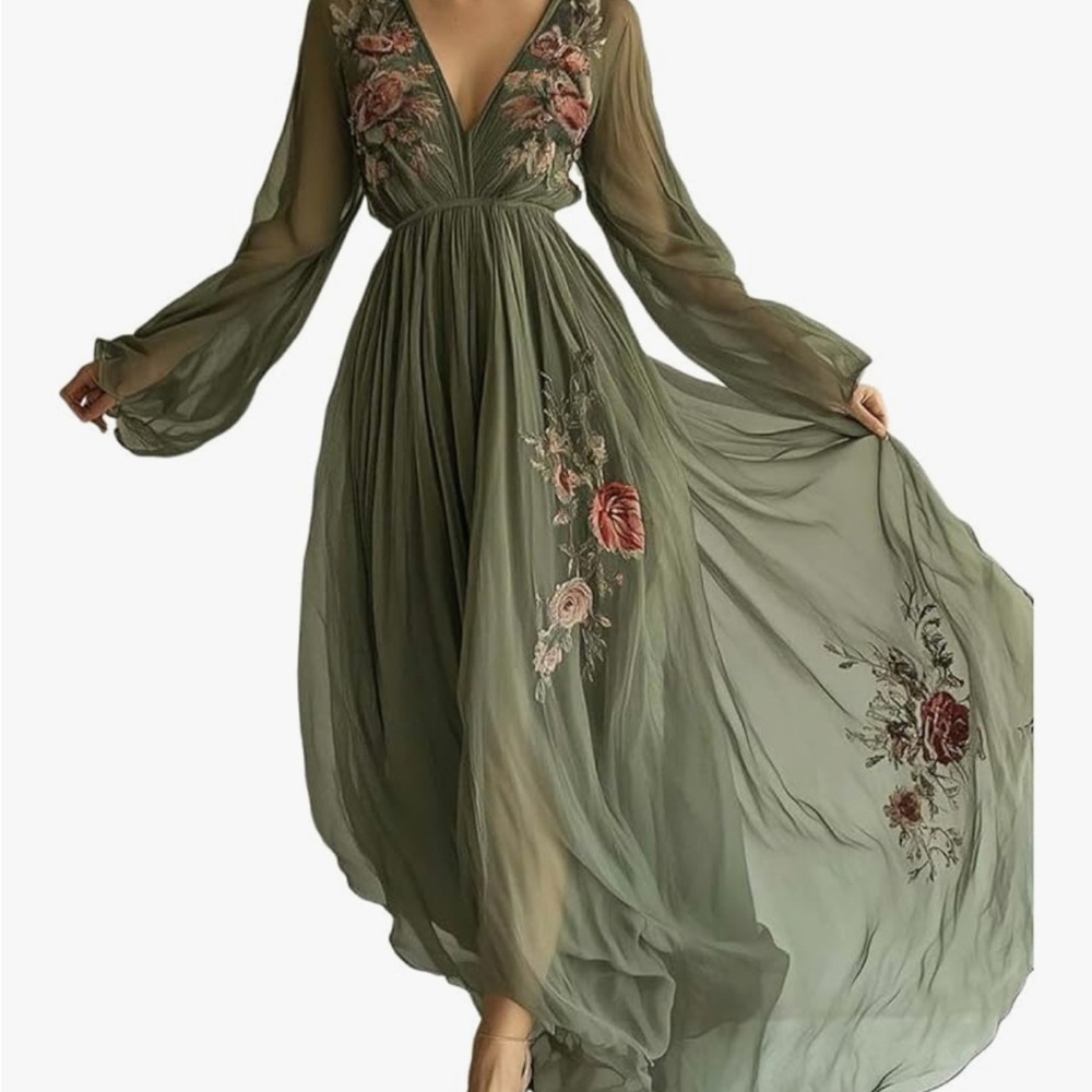 Elegant Floral Embroidered Green Dress